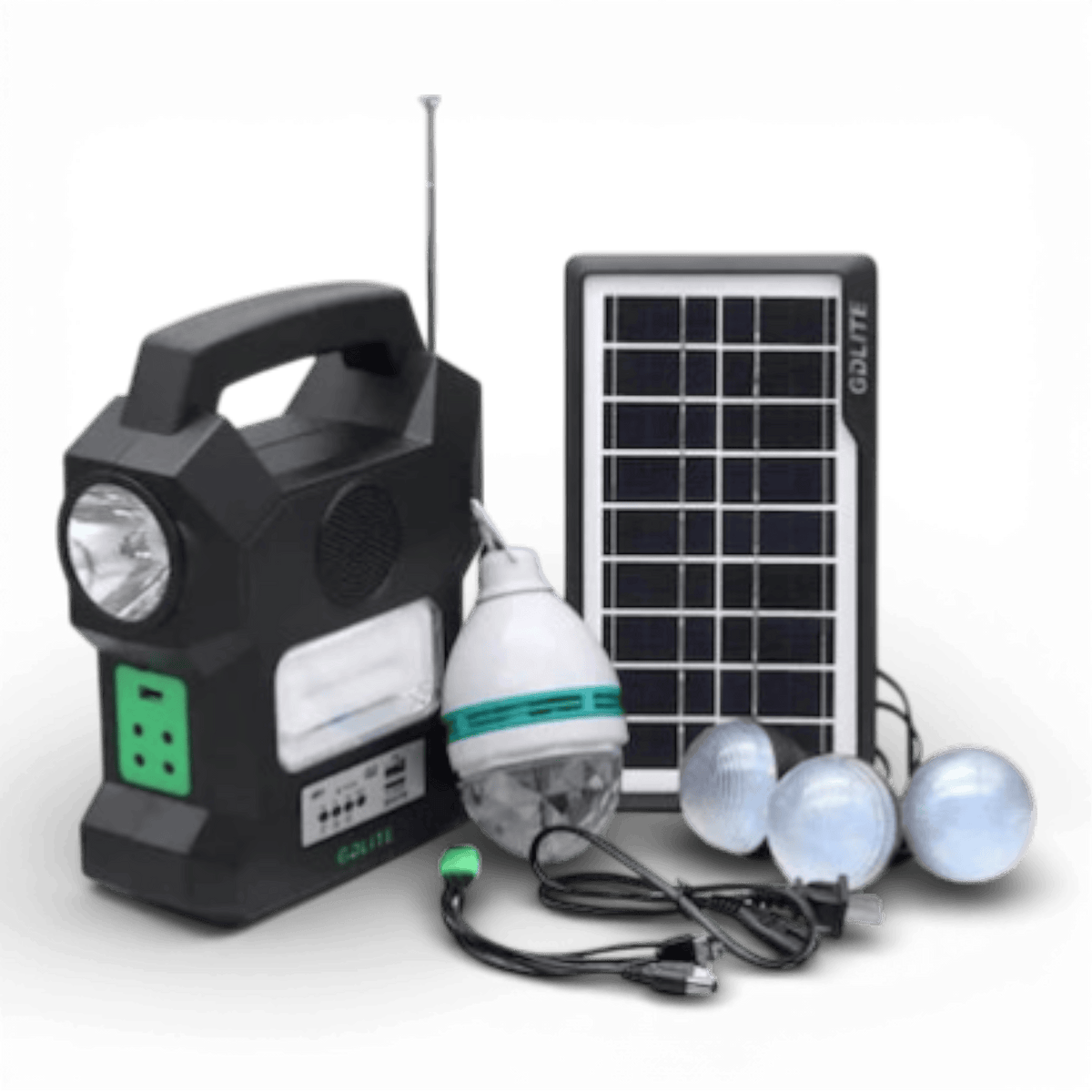 Kit Solar Portabil GDLITE GD-1000A, Panou Solar, USB, Bluetooth, Radio FM, MP3, Lanterna LED, 4 Becuri Incluse, Alimentare 220V