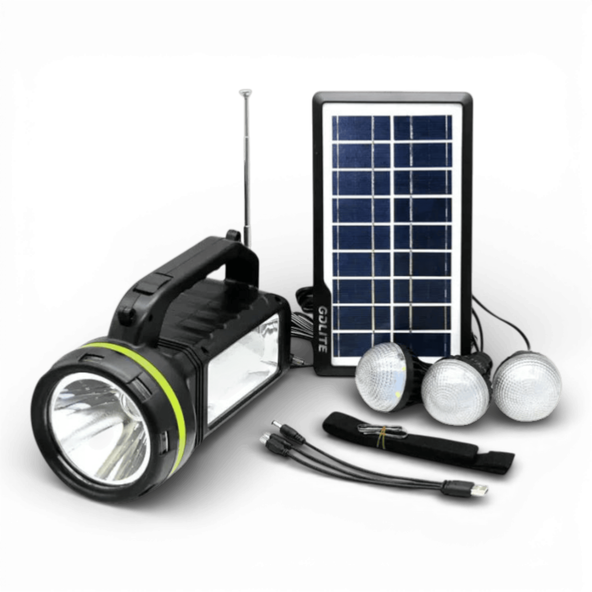 Kit Solar Portabil GDLite GD-2000A, Panou solar, USB, Bluetooth, Radio FM, MP3, Lanterna LED, 3 Becuri Incluse, Incarcare telefonica, Alimentare 220V