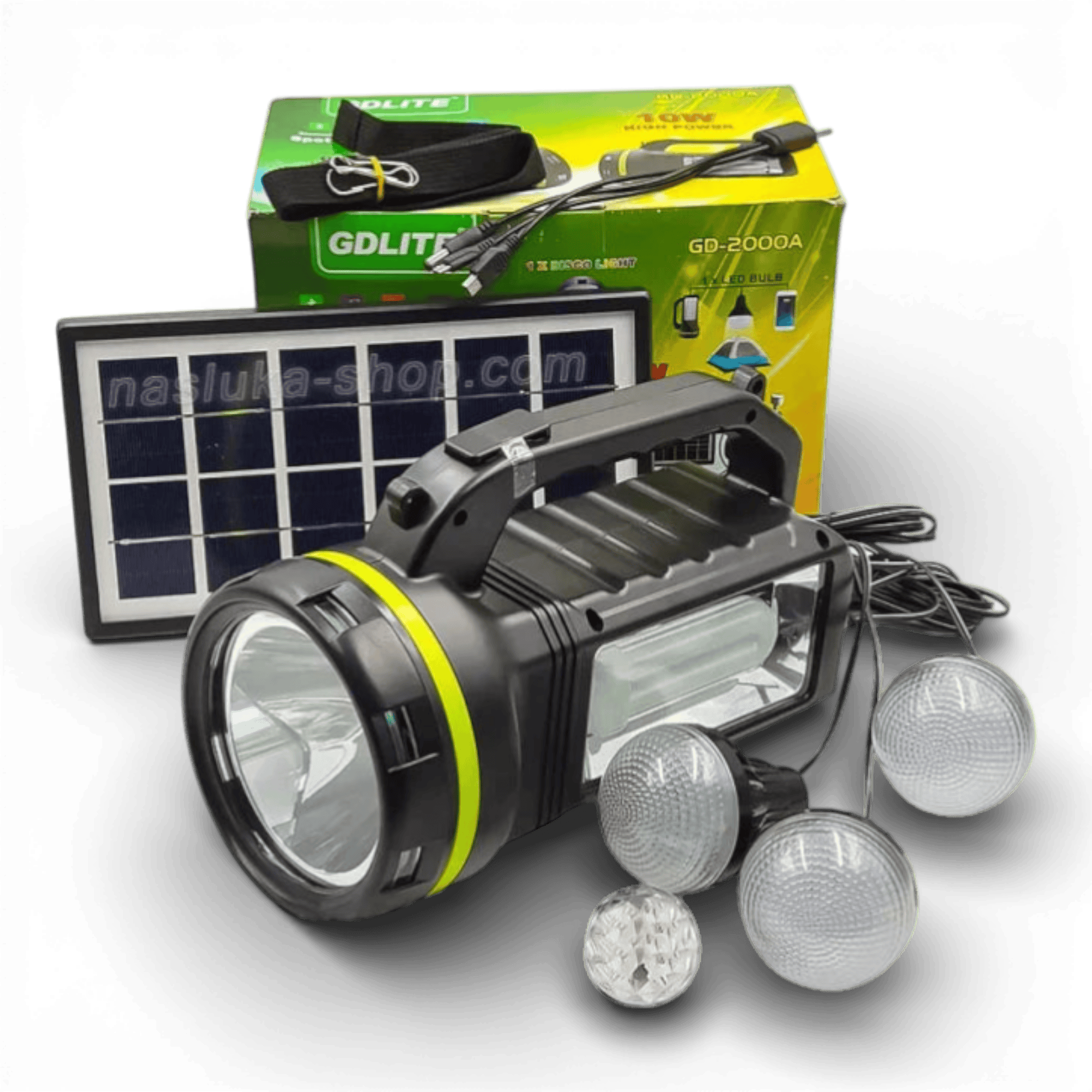 Kit Solar Portabil GDLite GD-2000A, Panou solar, USB, Bluetooth, Radio FM, MP3, Lanterna LED, 3 Becuri Incluse, Incarcare telefonica, Alimentare 220V