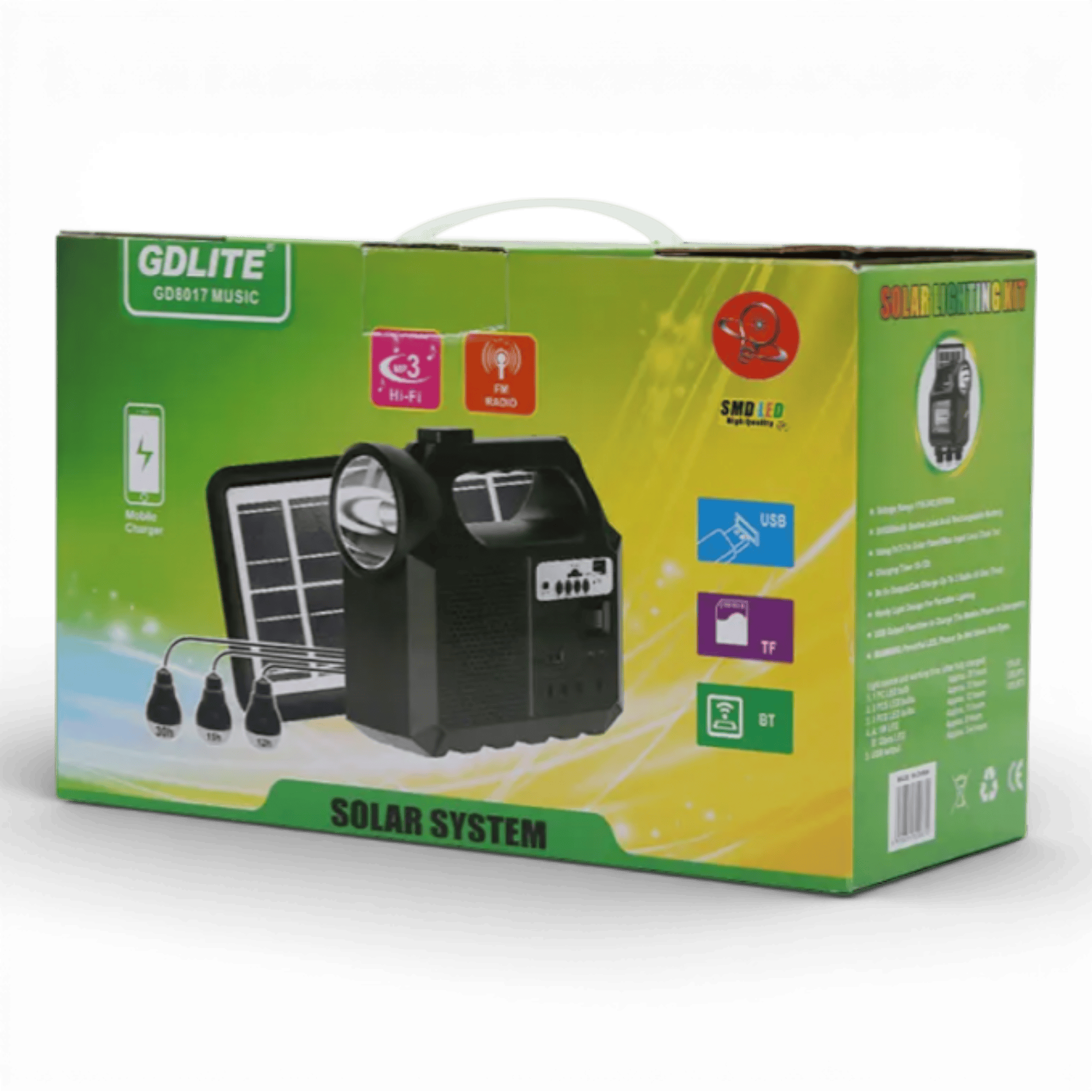 Kit Solar Portabil GDLite GD-8017M, Panou solar, USB, Bluetooth, Radio FM, MP3, Lanterna LED, 3 Becuri Incluse, Incarcare telefonica