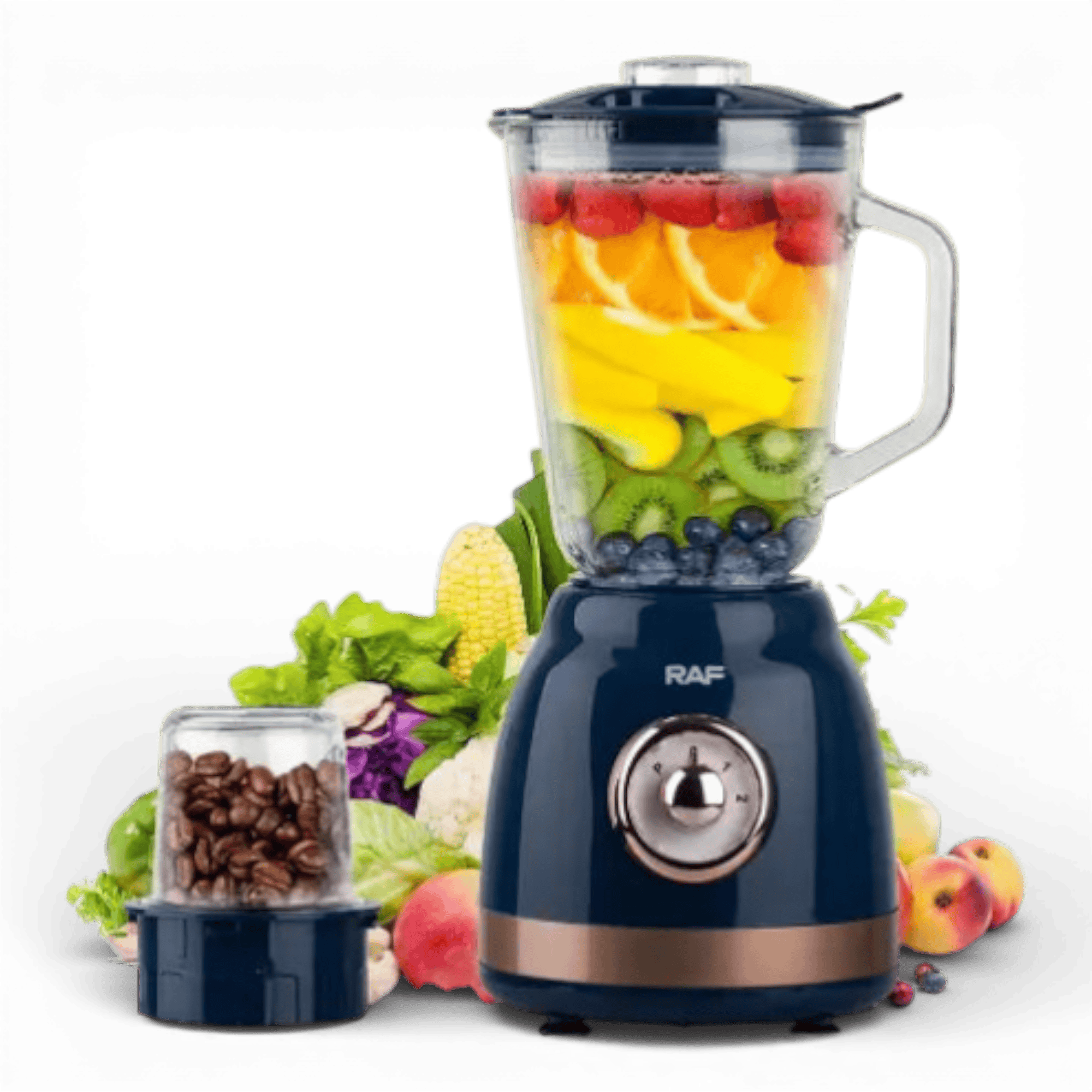Blender Electric de sticla 2 in 1 RAF® , 1000 W cu Rasnita de Cafea, capacitate recipient 1.5L, 2 trepte viteza, Albastru
