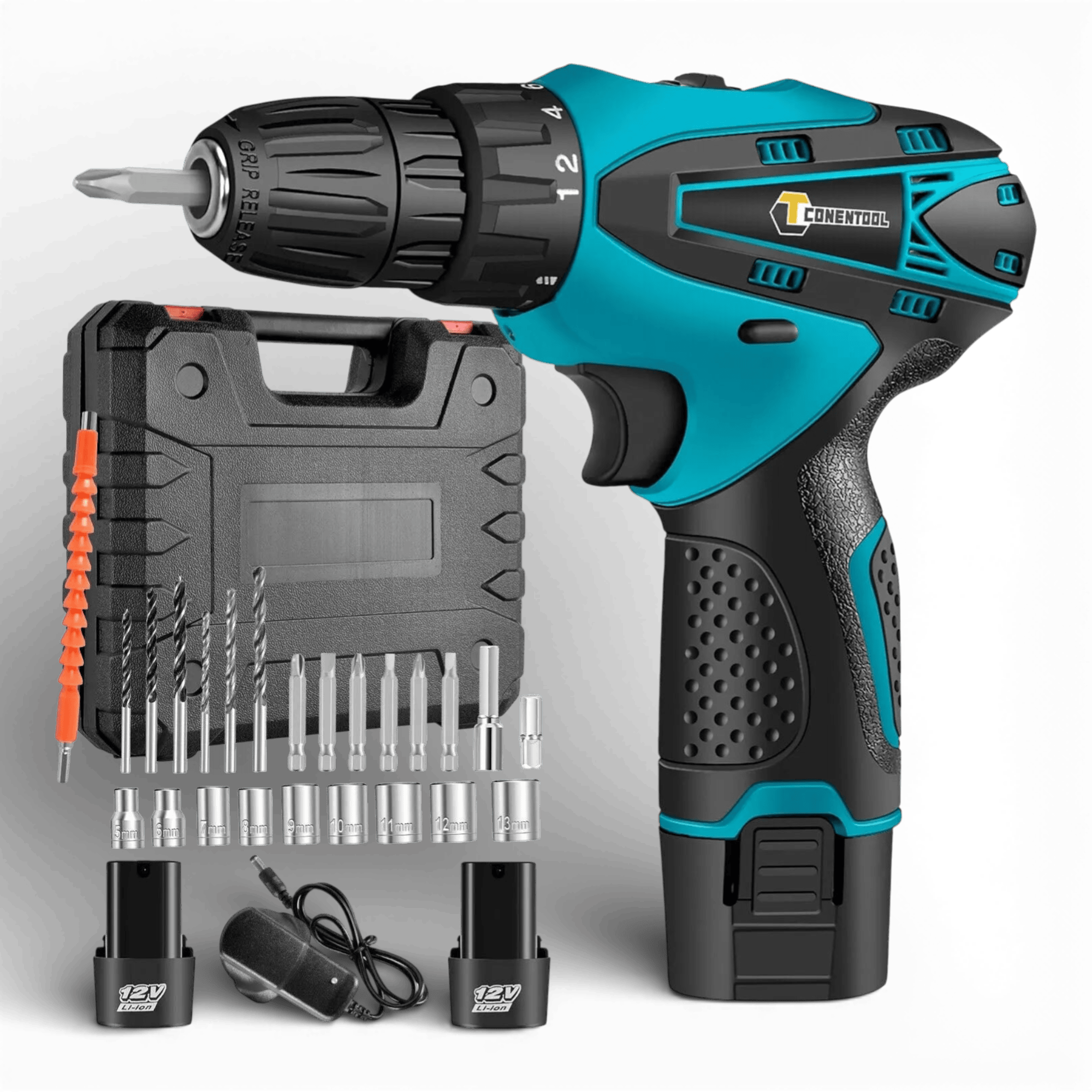 Set Bormasina Electrica cu 2 Acumulatori 12V, Set 24 de Accesorii, 1400 RPM