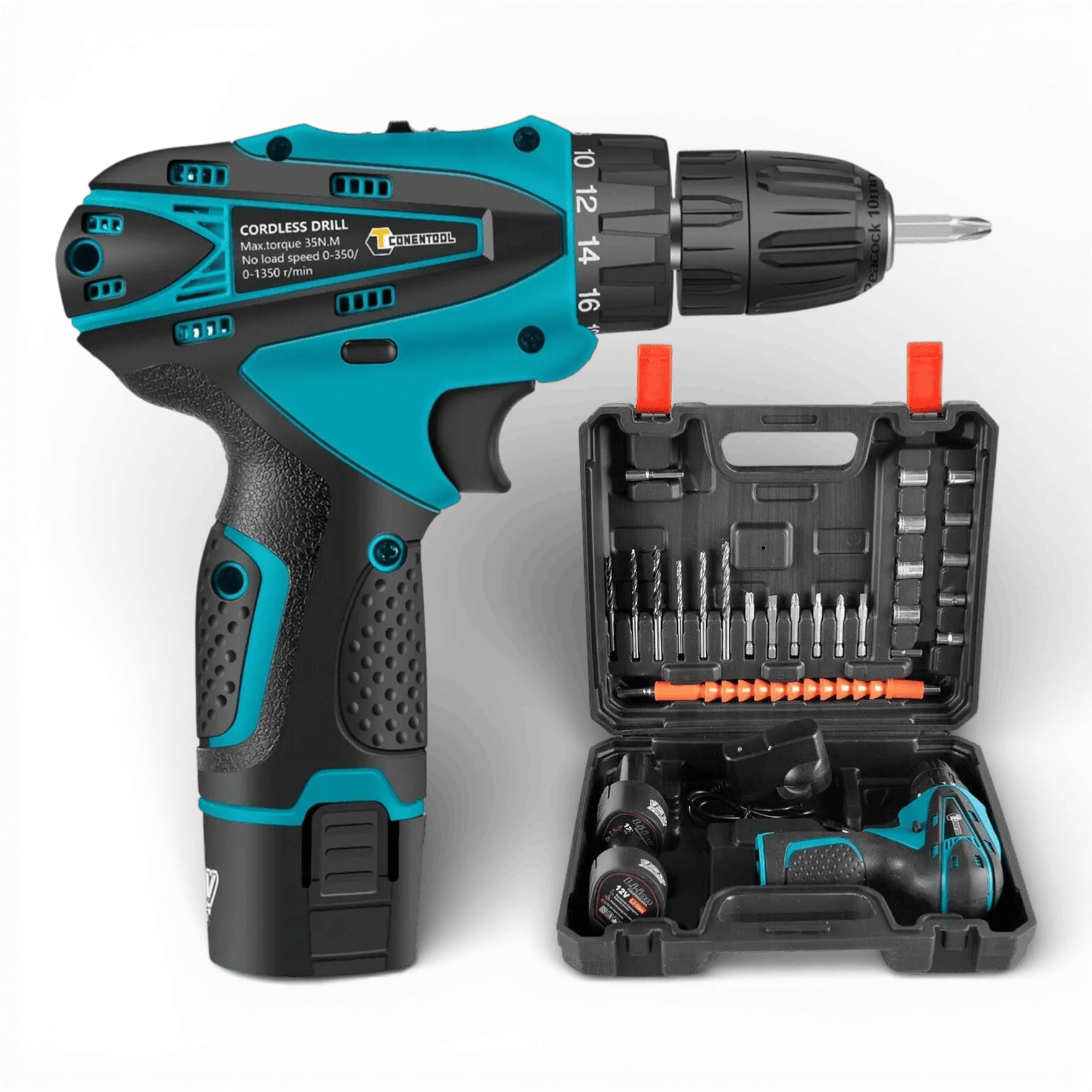 Set Bormasina Electrica cu 2 Acumulatori 12V, Set 24 de Accesorii, 1400 RPM