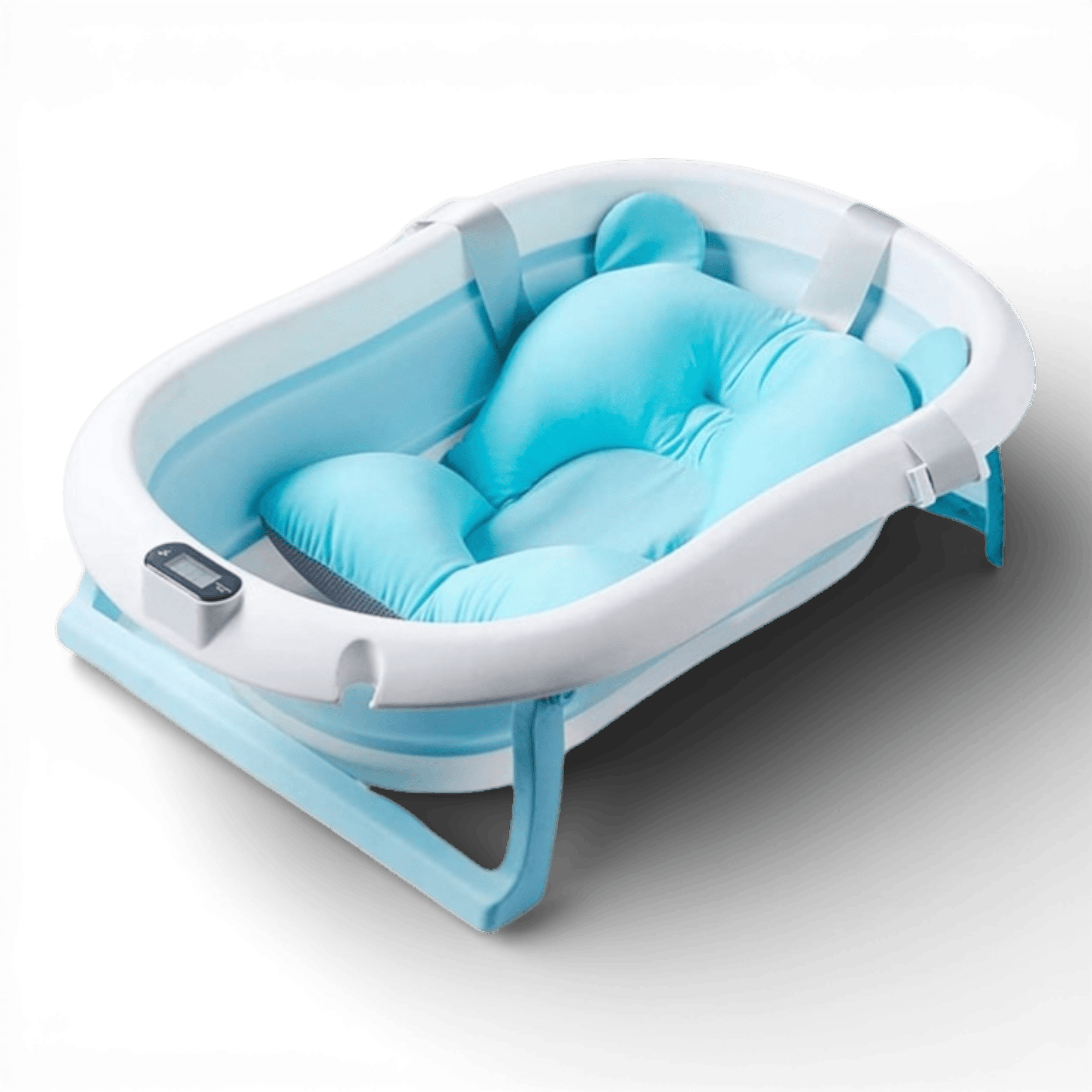 Cadita cu pernuta pentru bebelusi, termometru digital incorporat, pliabila, dop de scurgere, picioare anti-alunecare, design ergonomic, 75 x 45 x 22 cm, Albastru