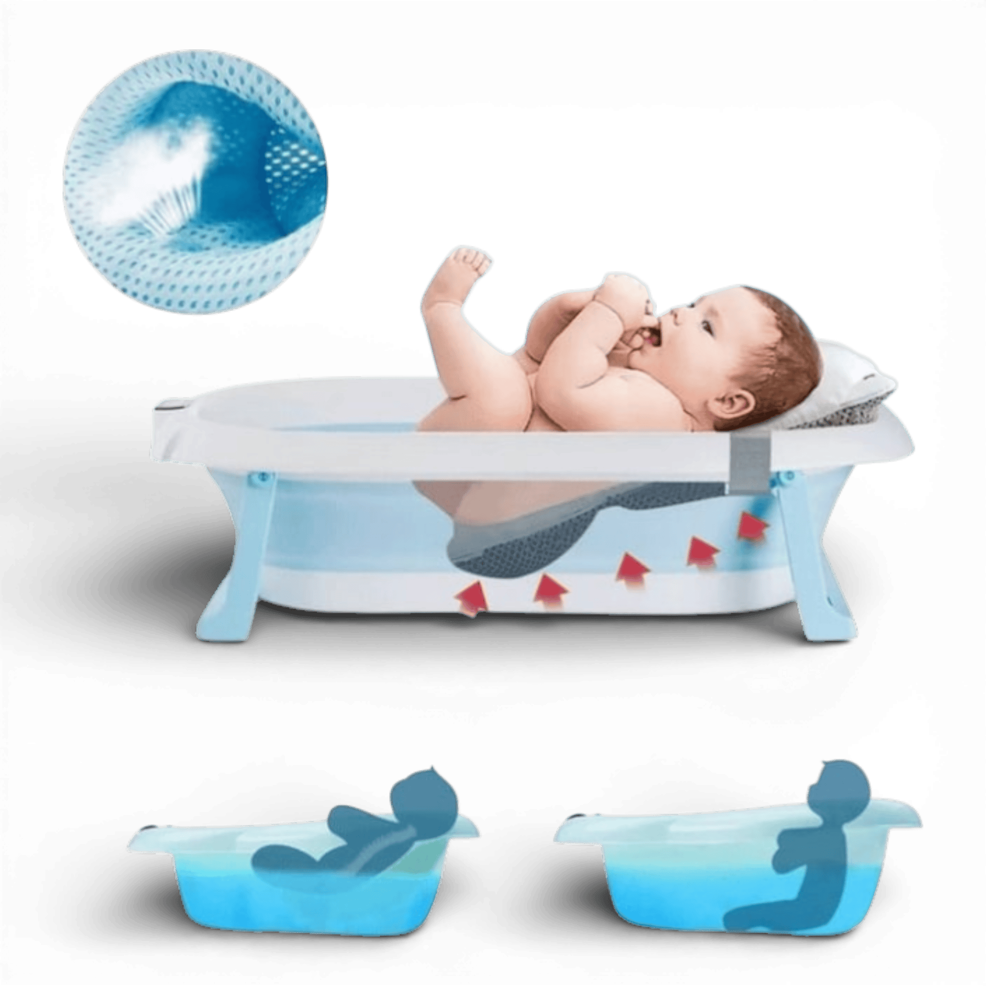 Cadita cu pernuta pentru bebelusi, termometru digital incorporat, pliabila, dop de scurgere, picioare anti-alunecare, design ergonomic, 75 x 45 x 22 cm, Albastru