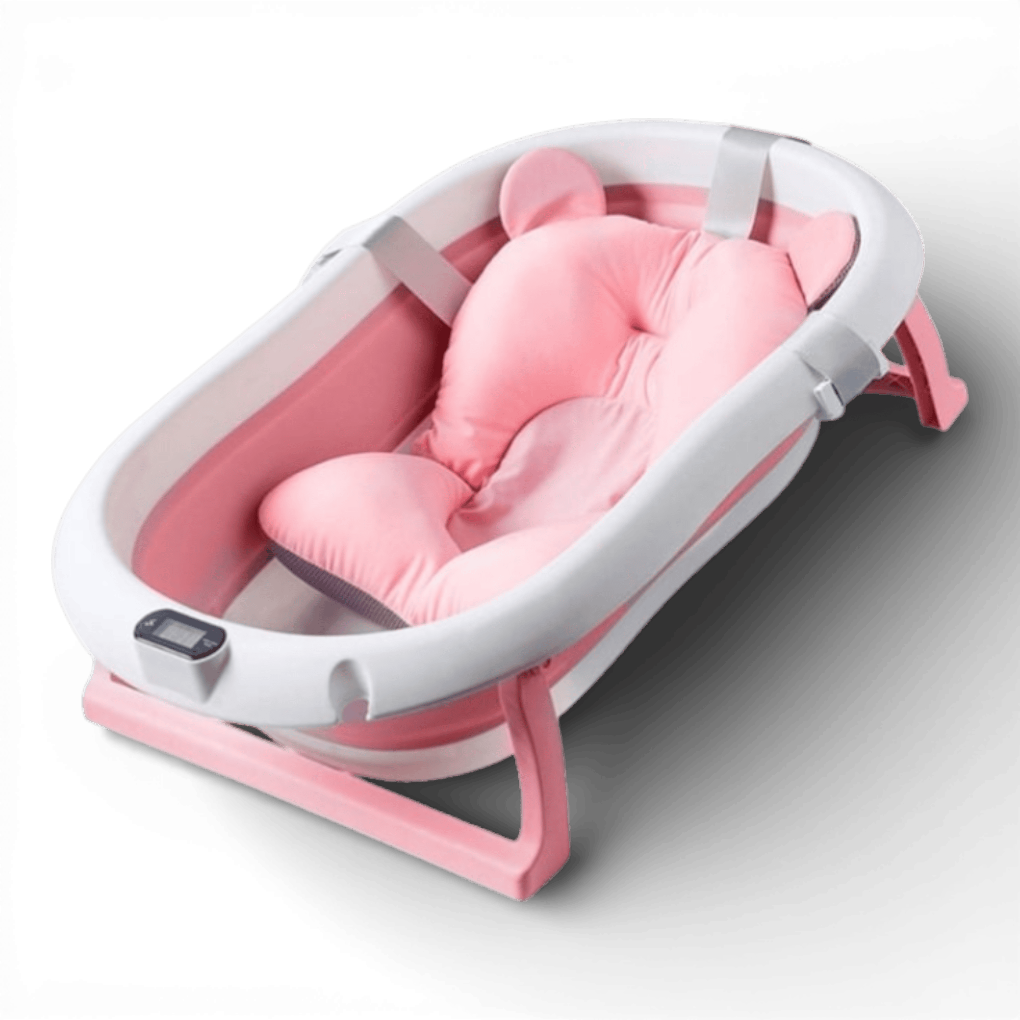Cadita cu pernuta pentru bebelusi, termometru digital incorporat, pliabila, dop de scurgere, picioare anti-alunecare, design ergonomic, 75 x 45 x 22 cm, Roz