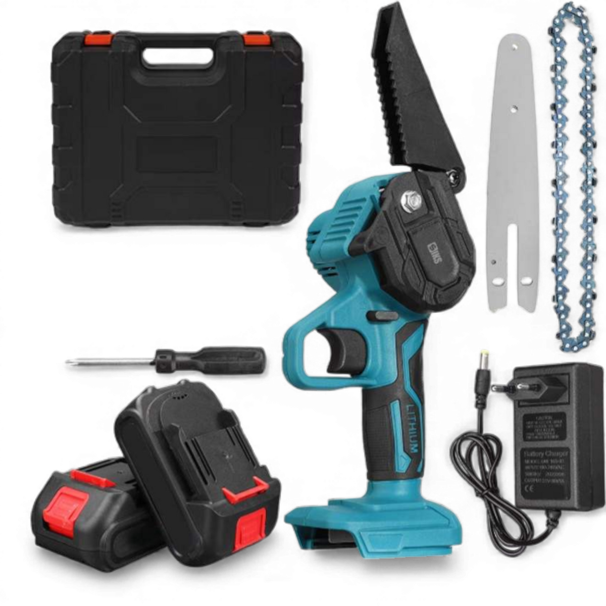 Drujba Fierastrau AEIDEN® cu 2 acumulator 48V, lama 6 inch/15 cm, 2 lanturi, fara fir, portabil, accesorii si valiza incluse