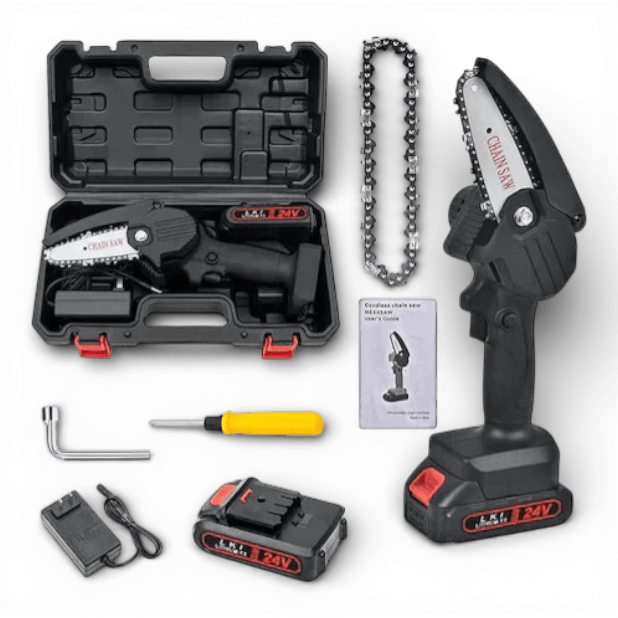 Mini fierastrau electric portabil cu lant/Drujba, 4 Inch, 48V, 4500mAh, 2 Baterii, 2 Lanturi, Rama ajustabila, Negru