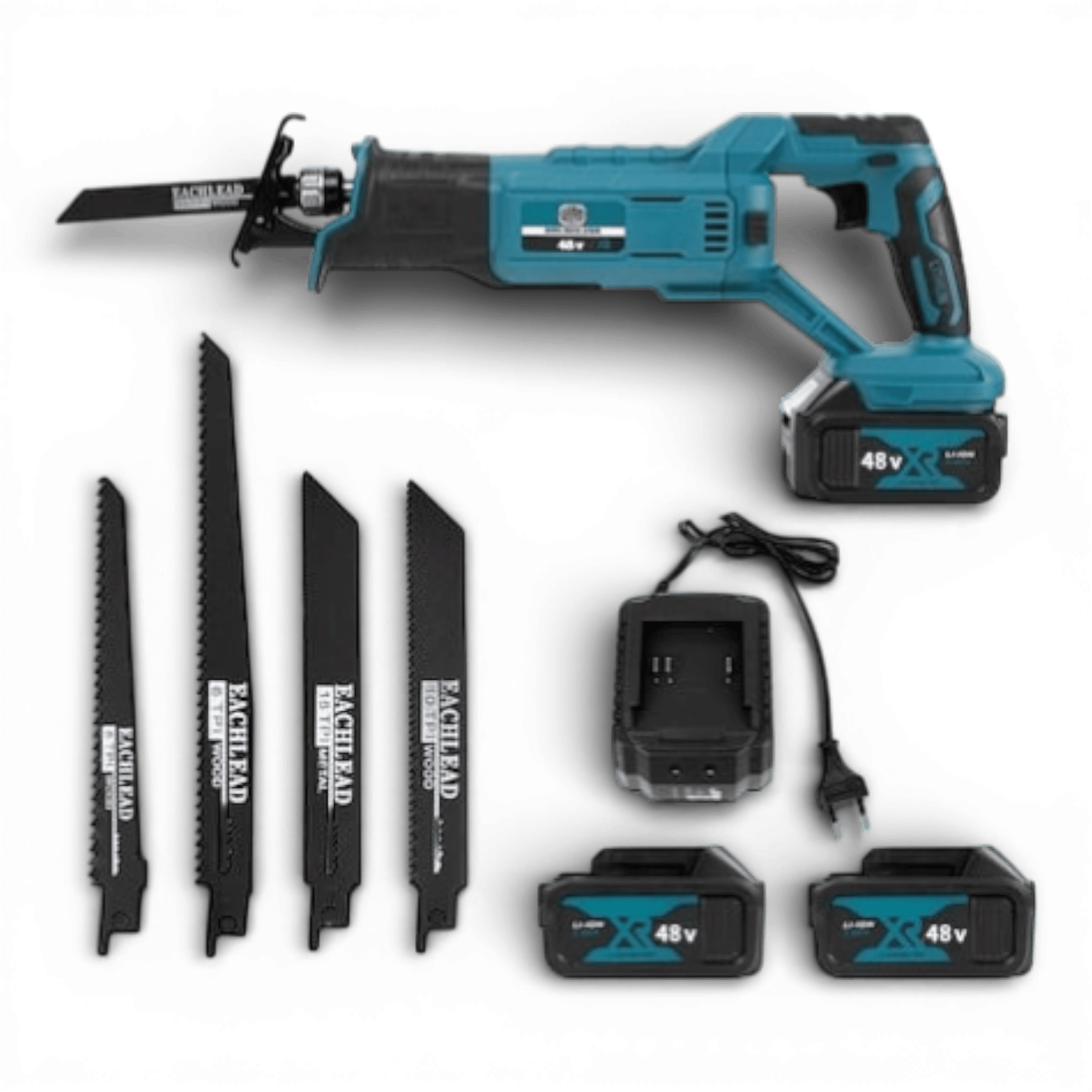 Fierastrau tip sabie AEIDEN ® XR, cu 2 acumulatori 48V, 5000 mAh, mandrina autoblocanta, 4 bucati panza diferite modele, 1 incarcator, valiza compacta de transport, Albastru