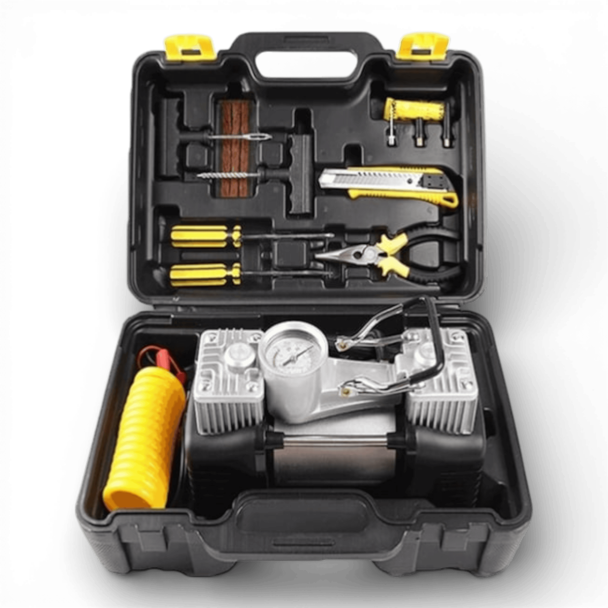 Kit pana auto complet, compresor cu 2 cilindri, 500W, metal, accesorii incluse, alimentare la priza 12V, rezistent la apa, protectie suprasarcina, Galben/Negru