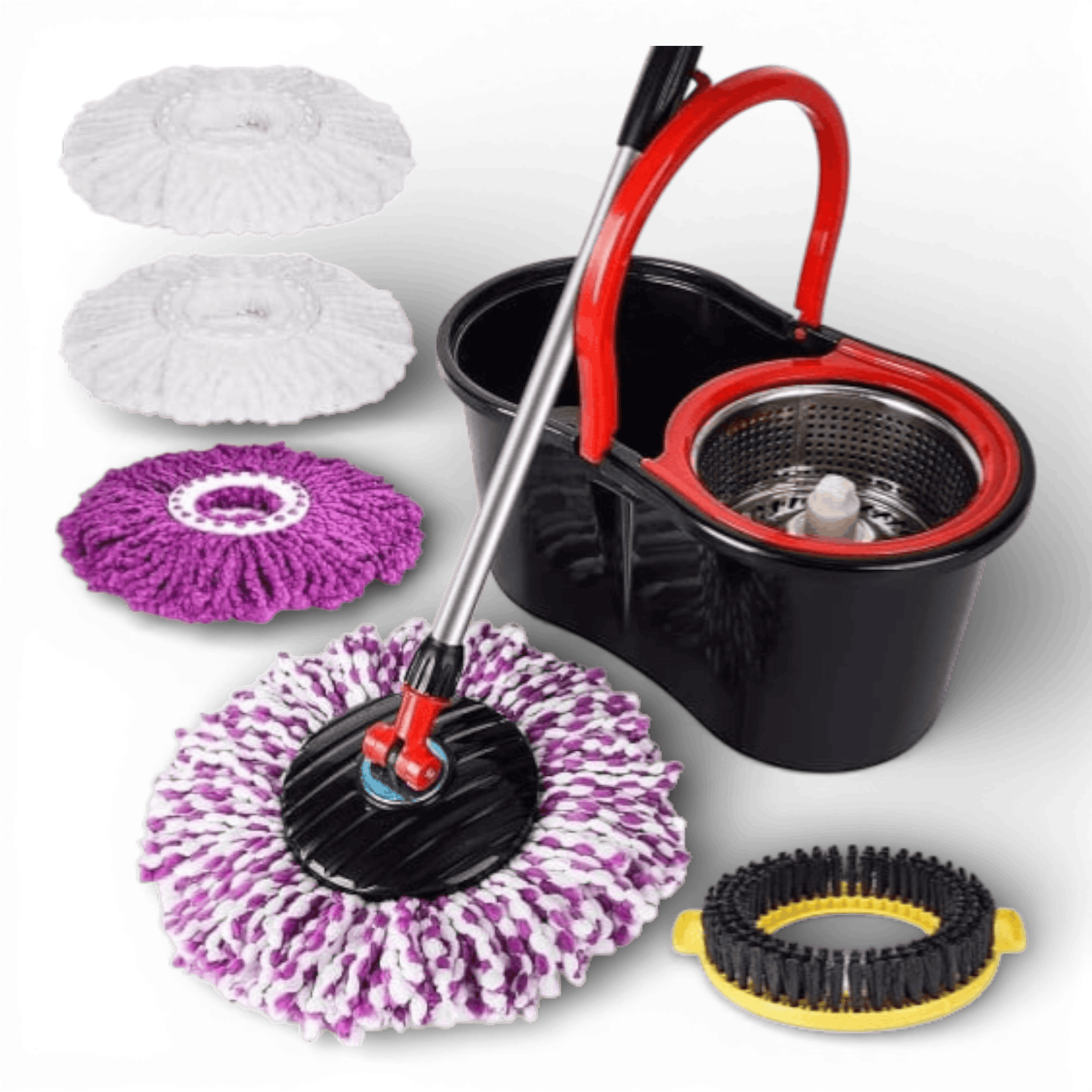 Set Mop Magic Rotativ 360° cu Talpă și Cuvă din Inox, 4 Rezerve Diferite + Perie Rosturi, Covoare Incluse