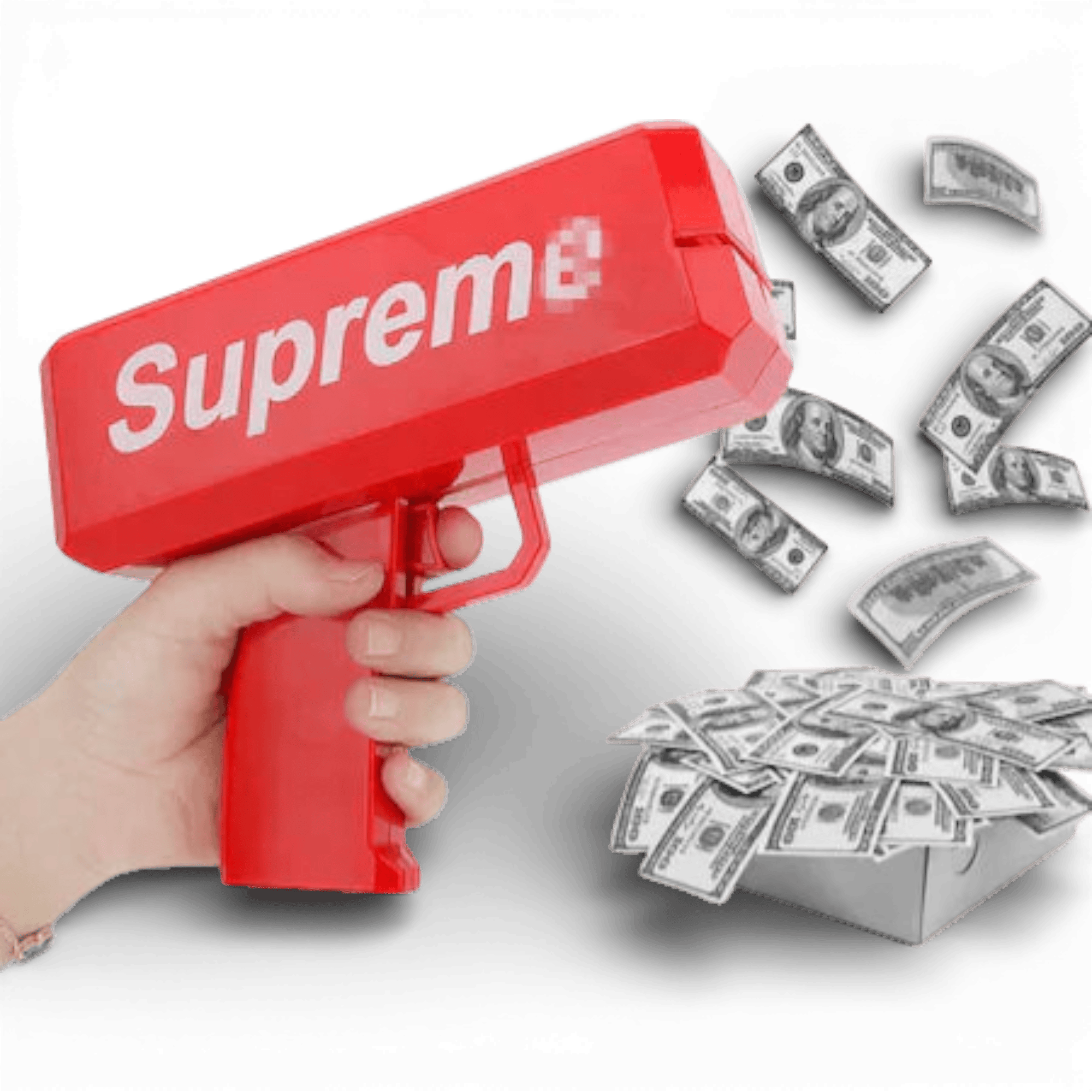 Party Popper SUPREME – aruncător de bancnote și pliante, 100 de bancnote incluse, rosu