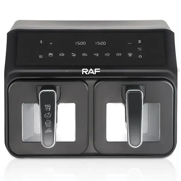 Friteuza Digitala RAF® Air Fryer Dual: Capacitate 9L, cu Aer Cald, 2 Coșuri cu Geam, 9L, 2200W, 9 Programe, Touch Screen