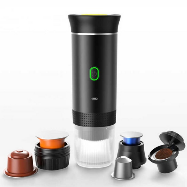 Espressor electric portabil, Aparat de cafea portabil, cafea macinata, capsule Nespresso, Nescafe, Dolce Gusto, mod incalzire apa sau cafea rece, putere 72W, baterie 2500mAh, incarcare USB C