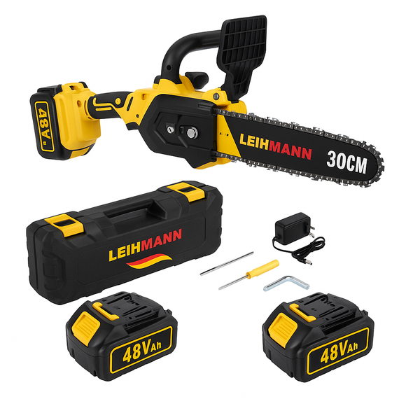 Drujbă electrică LEIHMANN, 12 inch (30 cm), 48V, 2 acumulatori, 3 lanțuri, galben/negru