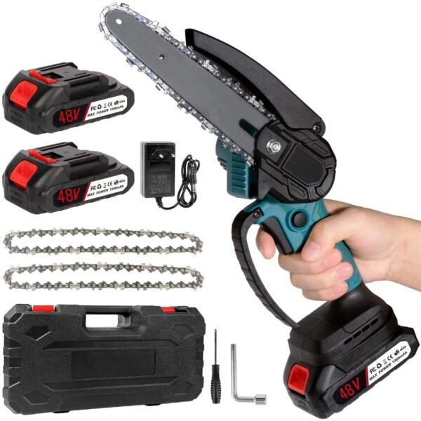 Mini fierastrau 6 inch/15cm, 3500W, 4500 mAh, 2 acumulatori 48V, 2 lanturi, 2 lame, portabil