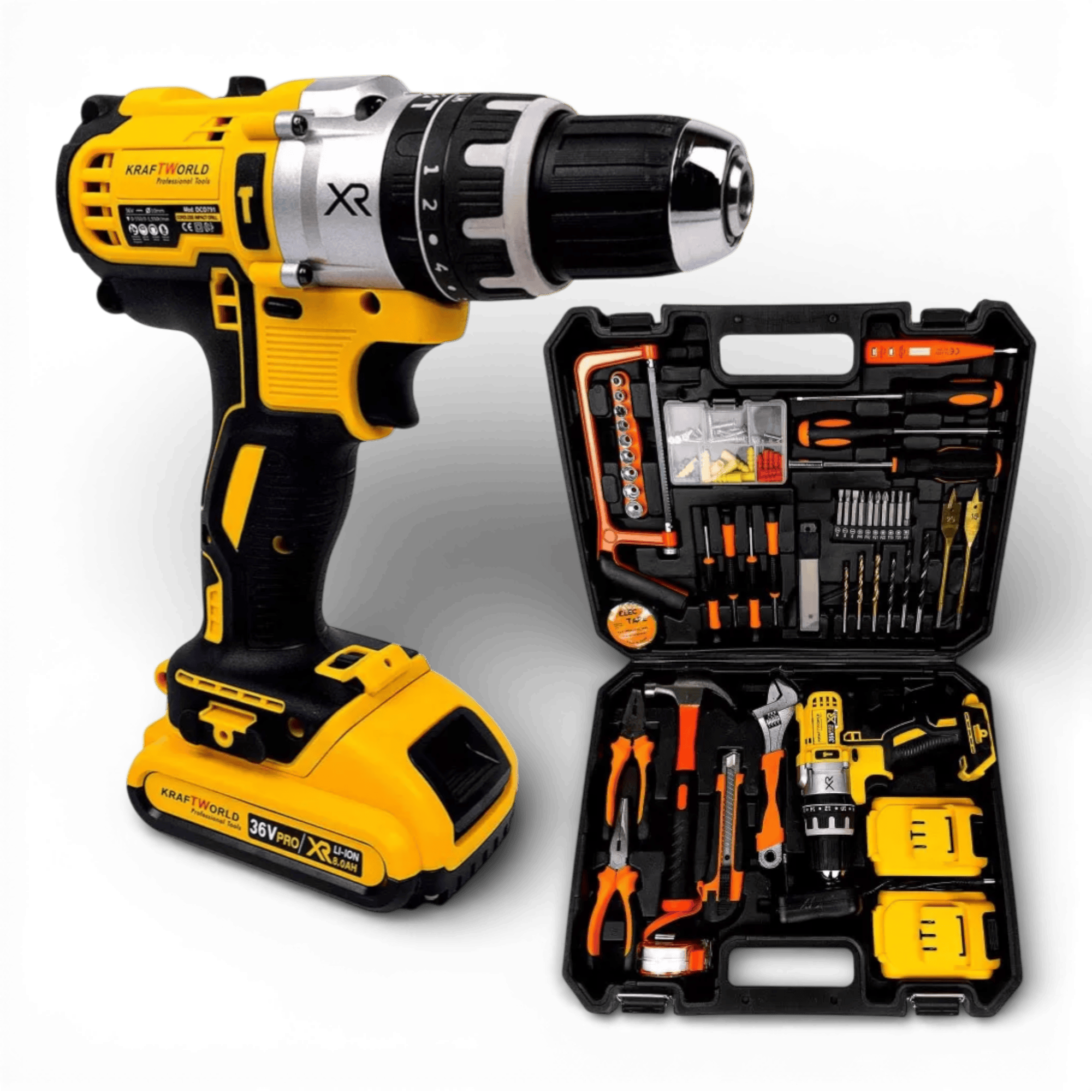 Masina de gaurit si insurubat AEIDEN®, bormasina cu percutie, mandrina rapida 13mm, 1500 RPM, cu 2 acumulatori 48V 8.0Ah si incarcator, valiza inclusa, extra accesorii 119 piese