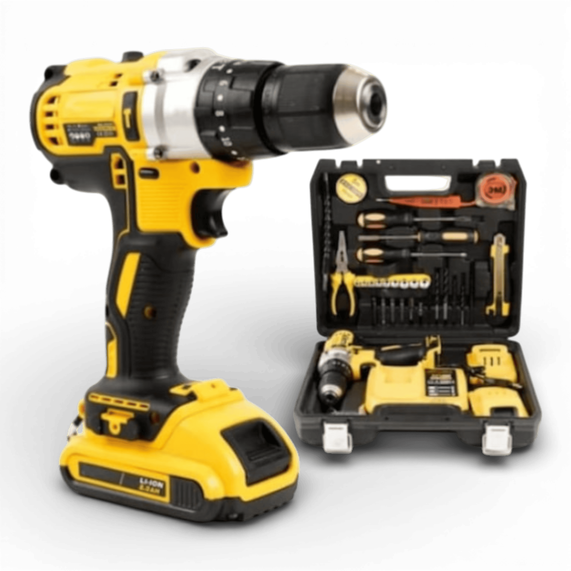 Bormasina de gaurit si insurubat cu acumulator, AEIDEN ® cu percutie, autofiletanta, 30 accesorii, 2 acumulatori, 48V 8.0 Ah, 500W, statie incarcare, valiza transport, design modern, Galben/Negru