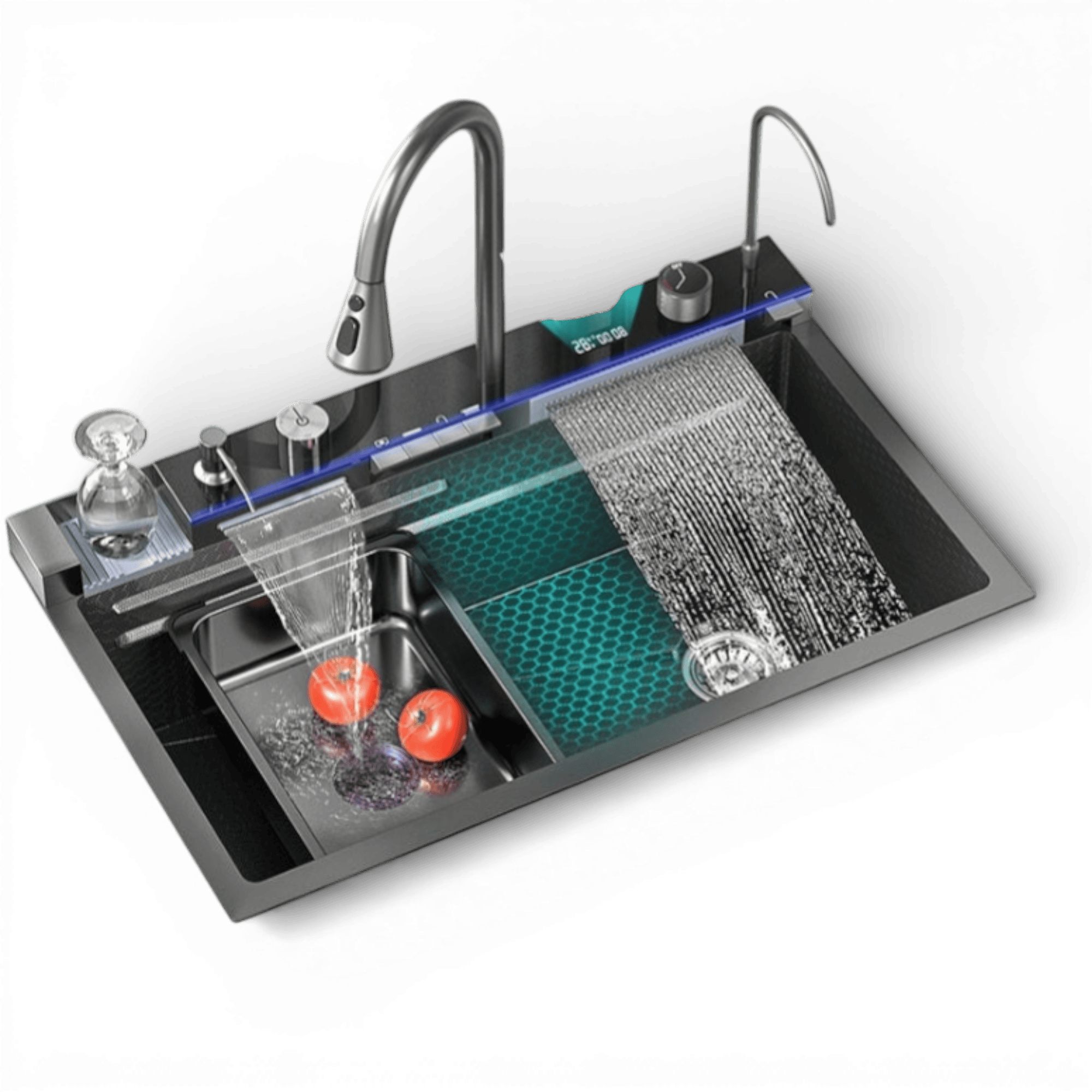 Chiuveta multifunctionala cu 2 cascade cu accesorii incluse, afisaj digital a temperaturii si robinet cascada, culoare negru grafit, dimensiune 750x460mm