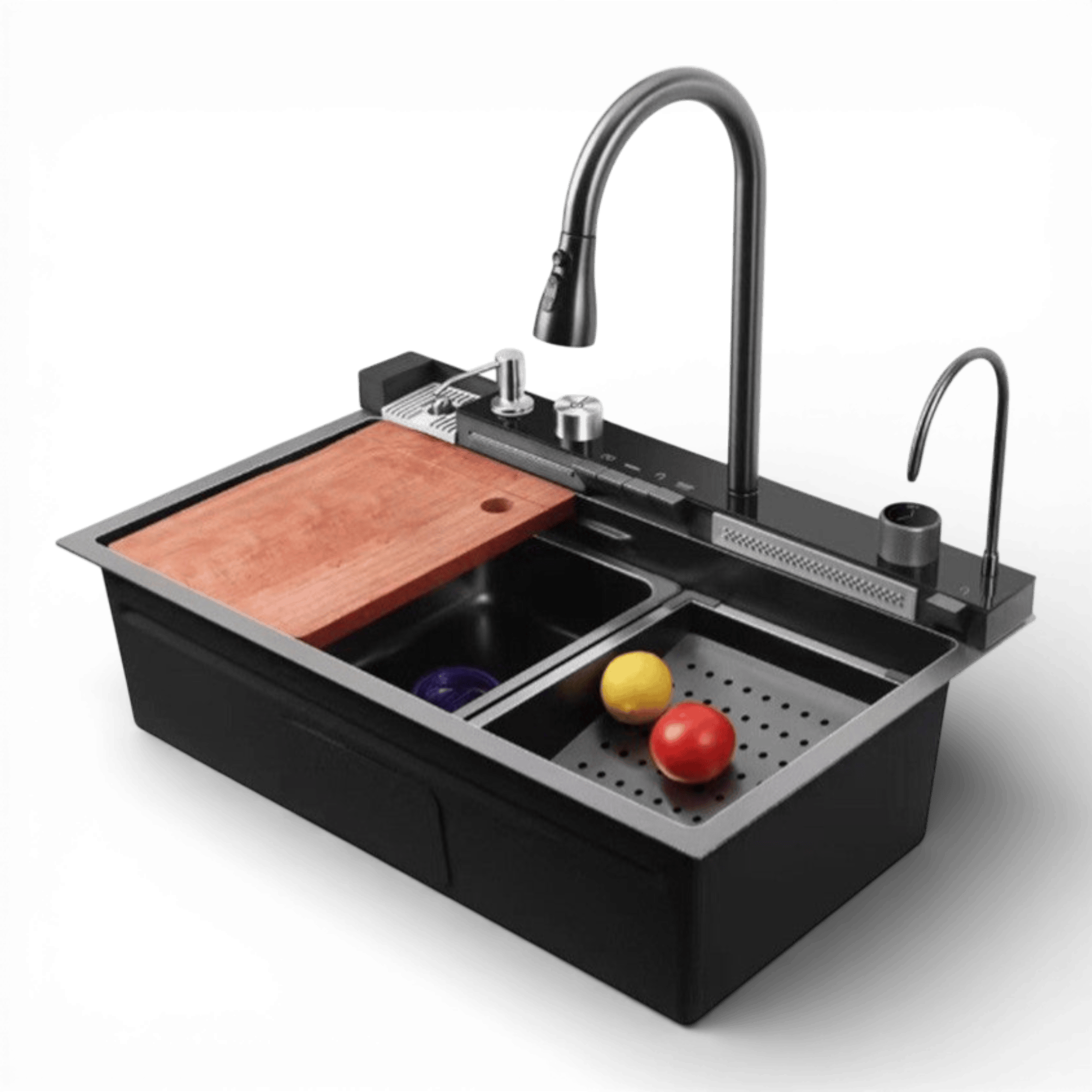 Chiuveta multifunctionala cu 2 cascade cu accesorii incluse, afisaj digital a temperaturii si robinet cascada, culoare negru grafit, dimensiune 750x460mm