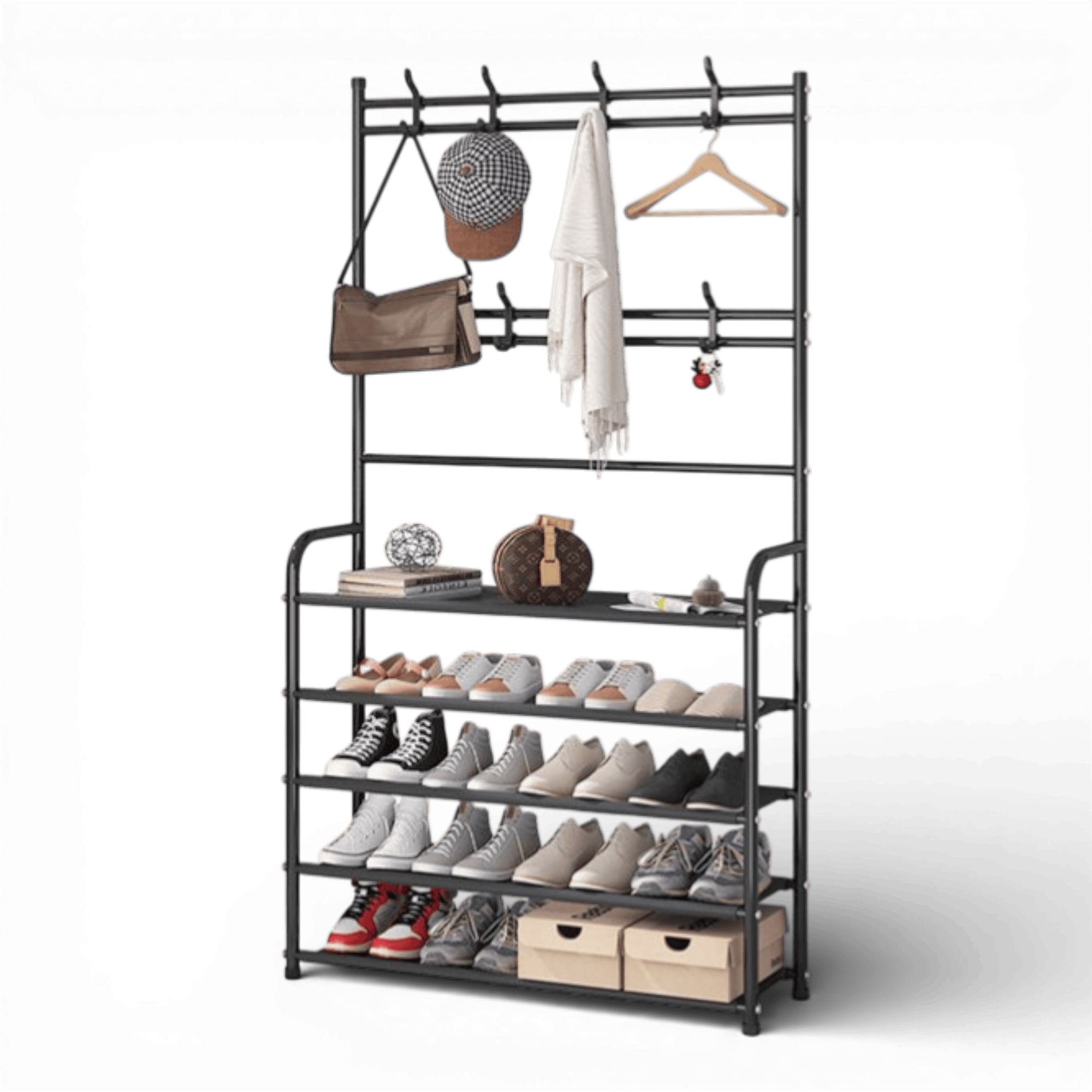 Cuier haine cu suport pantofi, 5 rafturi