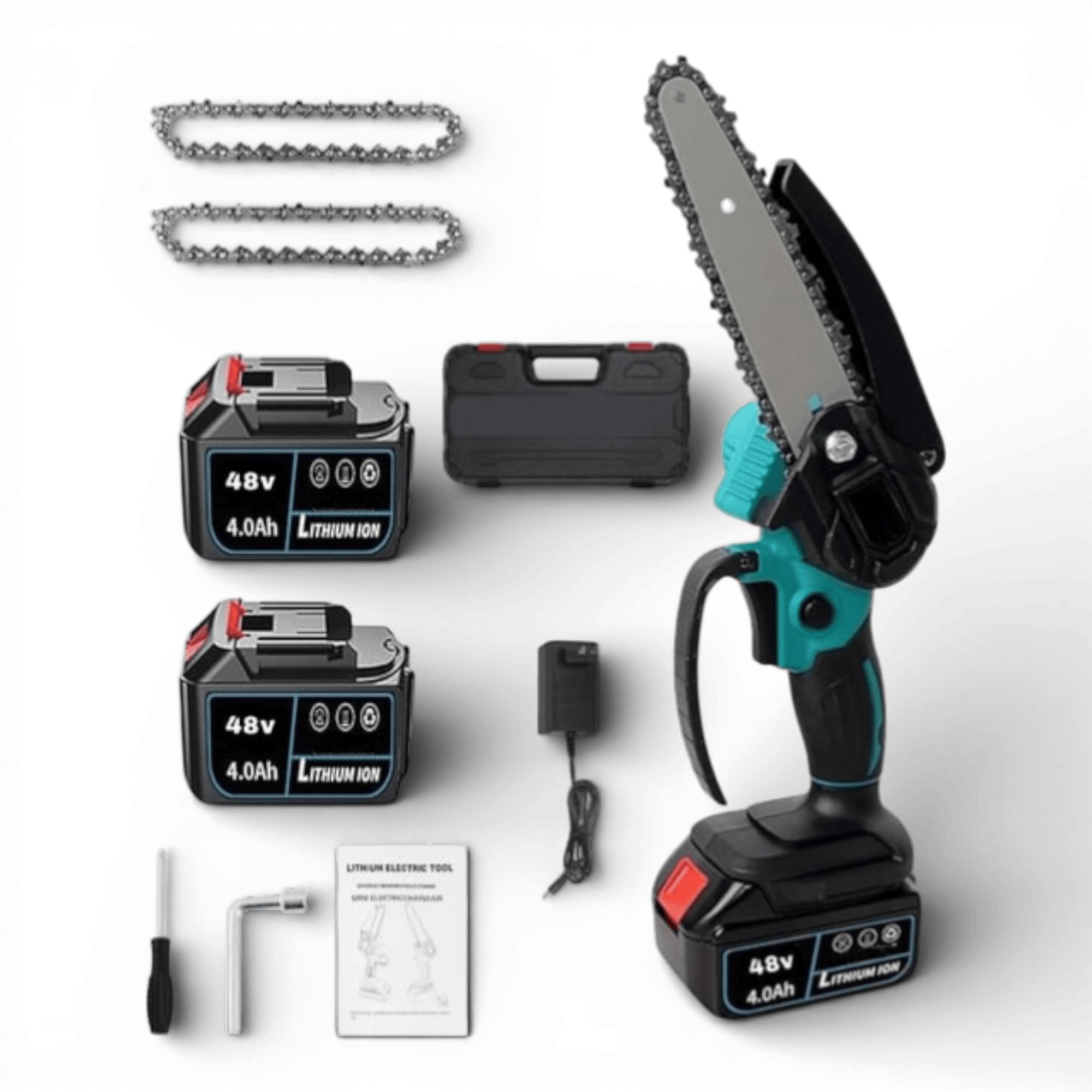 Drujba Fierastrau AEIDEN® cu 2 acumulator 48V, lama 6 inch/15 cm, 2 lanturi, fara fir, portabil, accesorii si valiza incluse