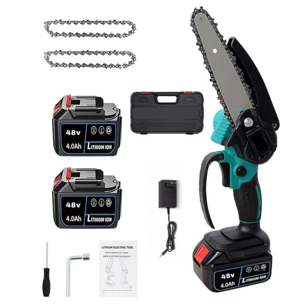 Drujba Fierastrau AEIDEN® cu 2 acumulator 48V, lama 6 inch/15 cm, 2 lanturi, fara fir, portabil, accesorii si valiza incluse