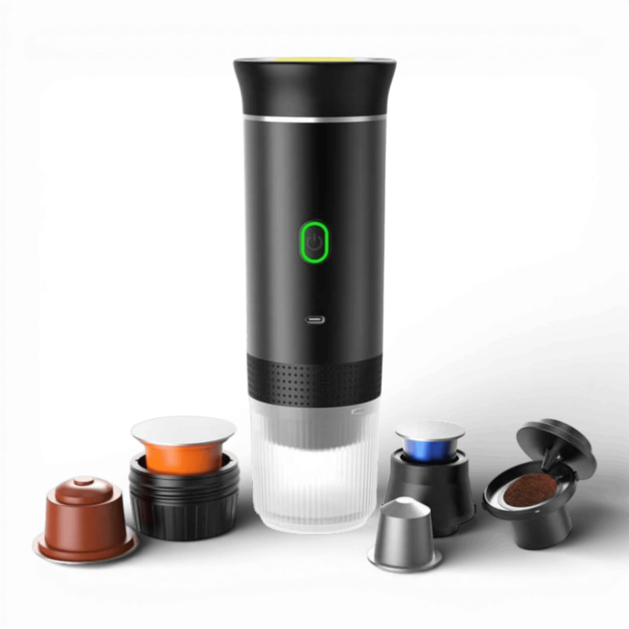 Espressor electric portabil, Aparat de cafea portabil, cafea macinata, capsule Nespresso, Nescafe, Dolce Gusto, mod incalzire apa sau cafea rece, putere 72W, baterie 2500mAh, incarcare USB C