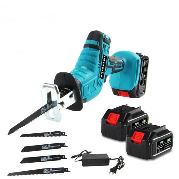 Fierastrau electric tip sabie AEIDEN ®, cu 2 acumulatori 48V 5000 mAh, 4 panze, valiza de transport, Albastru