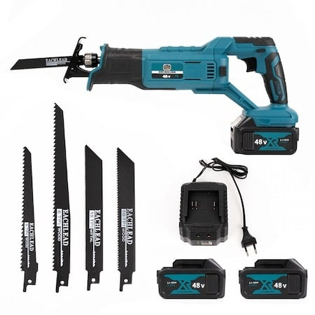 Fierastrau tip sabie AEIDEN ® XR, cu 2 acumulatori 48V, 5000 mAh, mandrina autoblocanta, 8 bucati panza diferite modele, 1 incarcator, valiza compacta de transport, Albastru