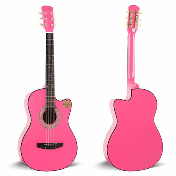 Chitara Acustica Roz 4/4 38" ( 95 x 35 cm ), pentru Incepatori si Adulti, Recomandata peste 8-10 Ani, 6 Corzi Metalice, 20 De Taste