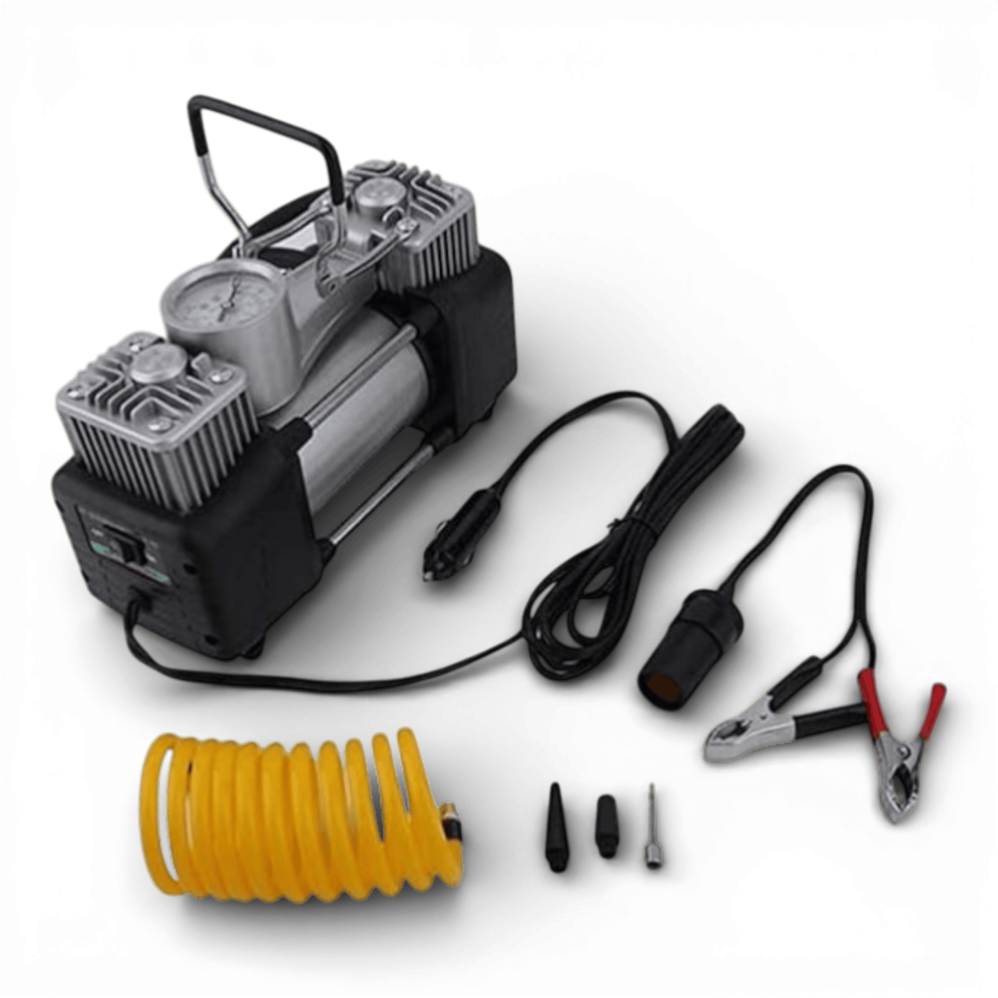 Kit pana auto complet, compresor cu 2 cilindri, 500W, metal, accesorii incluse, alimentare la priza 12V, rezistent la apa, protectie suprasarcina, Galben/Negru