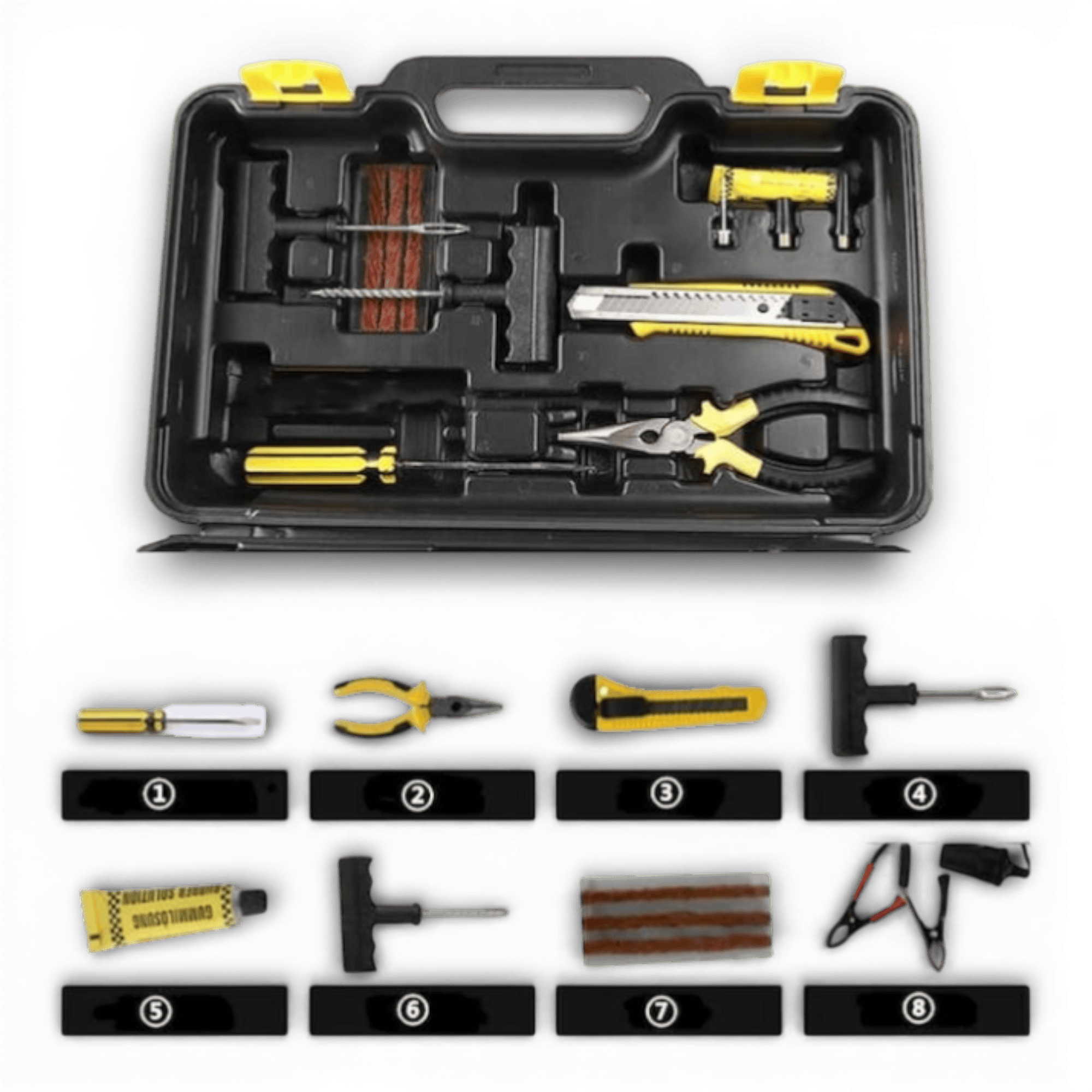 Kit pana auto complet, compresor cu 2 cilindri, 500W, metal, accesorii incluse, alimentare la priza 12V, rezistent la apa, protectie suprasarcina, Galben/Negru