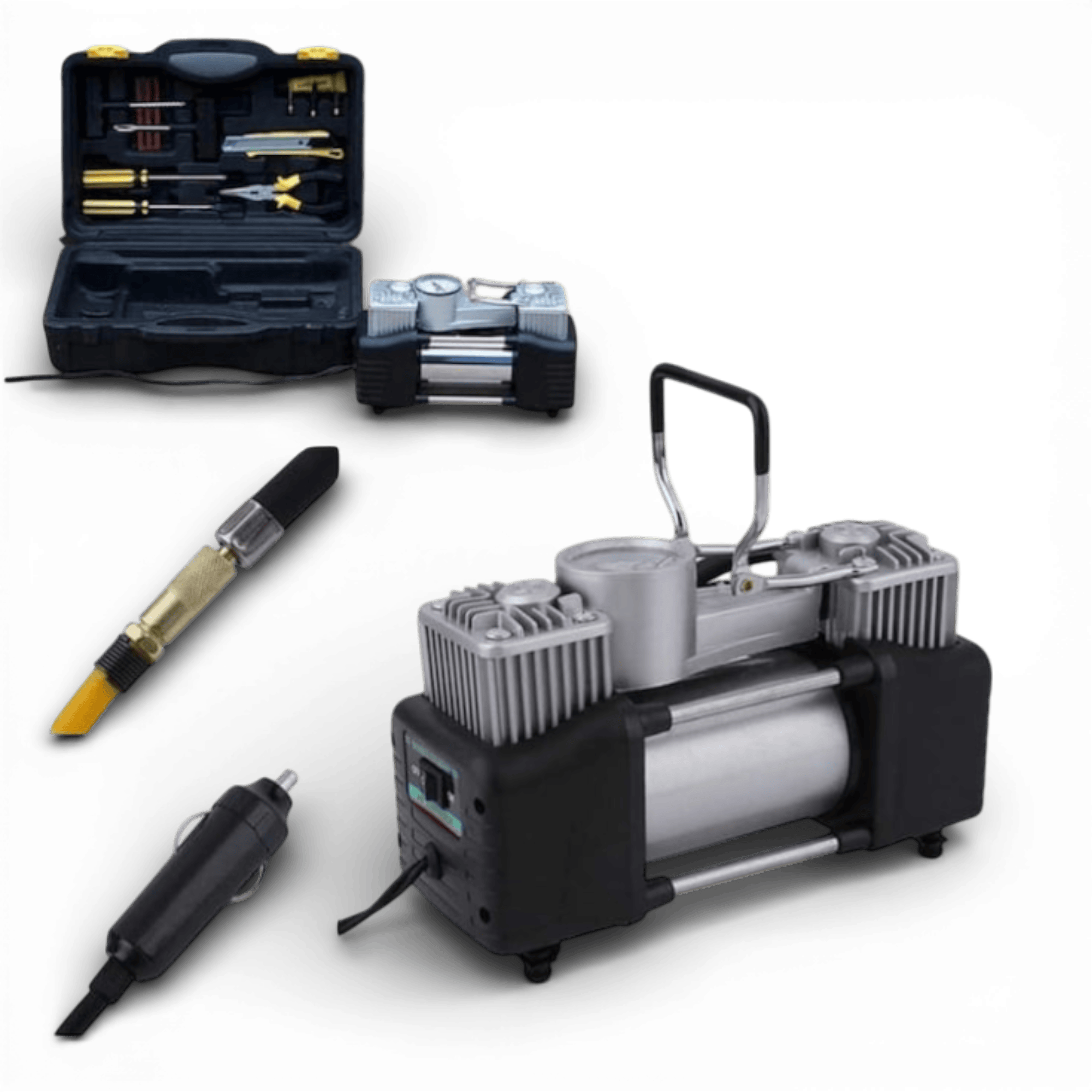 Kit pana auto complet, compresor cu 2 cilindri, 500W, metal, accesorii incluse, alimentare la priza 12V, rezistent la apa, protectie suprasarcina, Galben/Negru