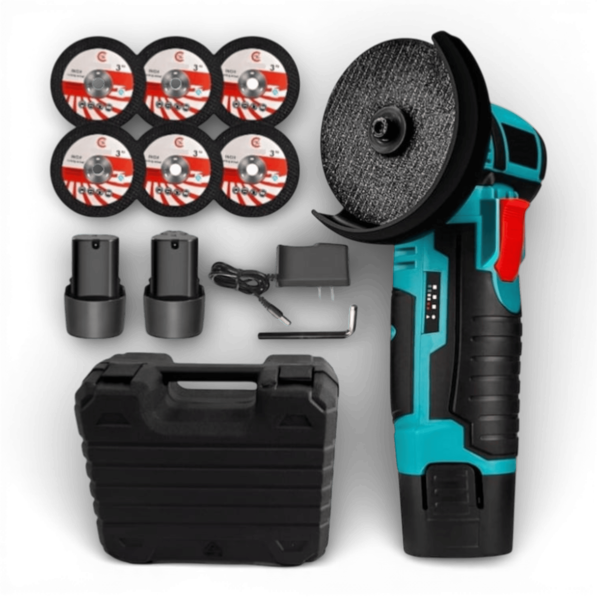 Mini polizor flex unghiular portabil AEIDEN ® 2 acumulatori 12V, 750W, 1500 mAh, 19500 rpm, 6 discuri 76 mm, soft start, autonomie mare, design modern, Verde/Negru