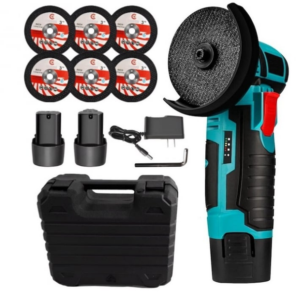 Mini polizor flex unghiular portabil AEIDEN ® 2 acumulatori 12V, 750W, 1500 mAh, 19500 rpm, 6 discuri 76 mm, soft start, autonomie mare, design modern, Verde/Negru