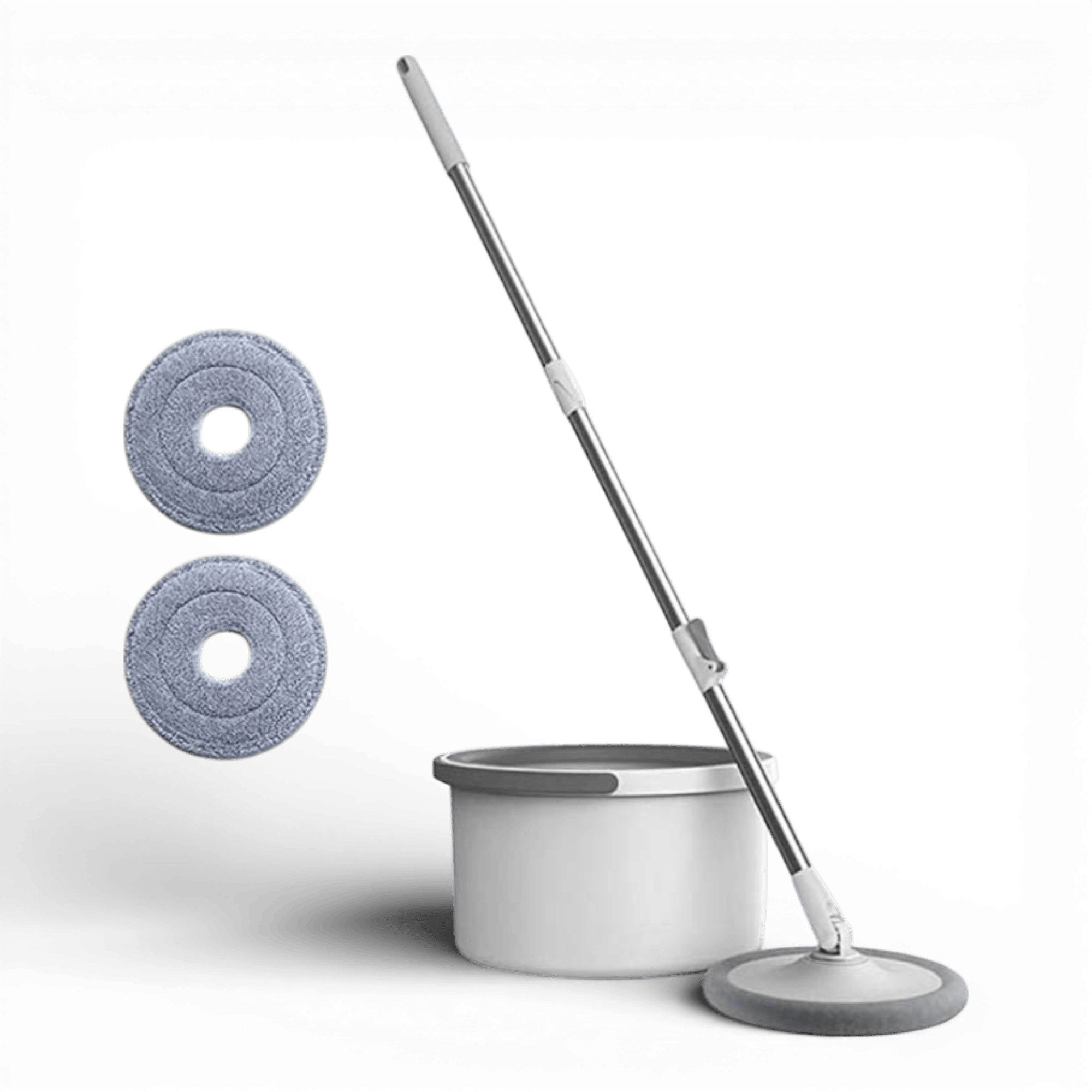 Set mop rotund cu galeata cu stoarcere prin centrifugare cu separarea apei murdare, cu o rezerva, alb-gri