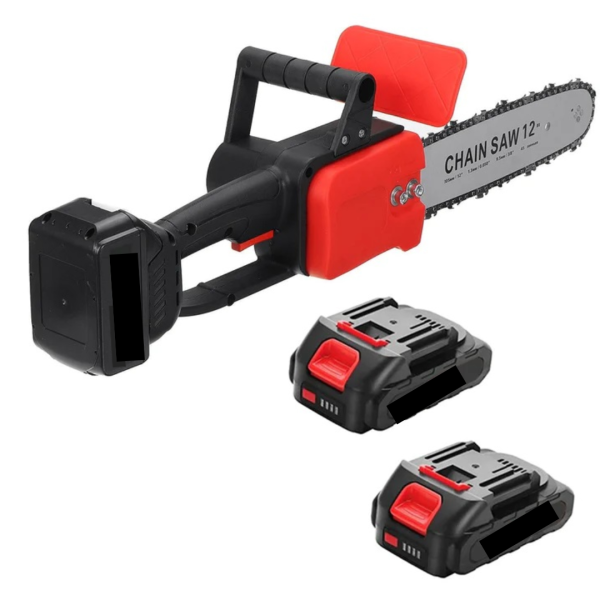 DRUJBA ELECTRICA 12 INCH, CH 3 LANT,  LAMA 30CM, CU 2 ACUMULATORI 48V, 4800 RPM ROSU CU NEGRU.