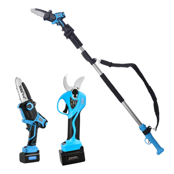 Tija telescopica pentru foarfeca electrica sau fierastrau electric lungime, compatibil baterii pe sina+ Mini fierastrau electric portabil cu lant/Drujba, 6 Inch, 48V, 4500mAh, 2 Baterii, 2 Lanturi, Rama ajustabila, Negru +Foarfeca electrica pentru vita de