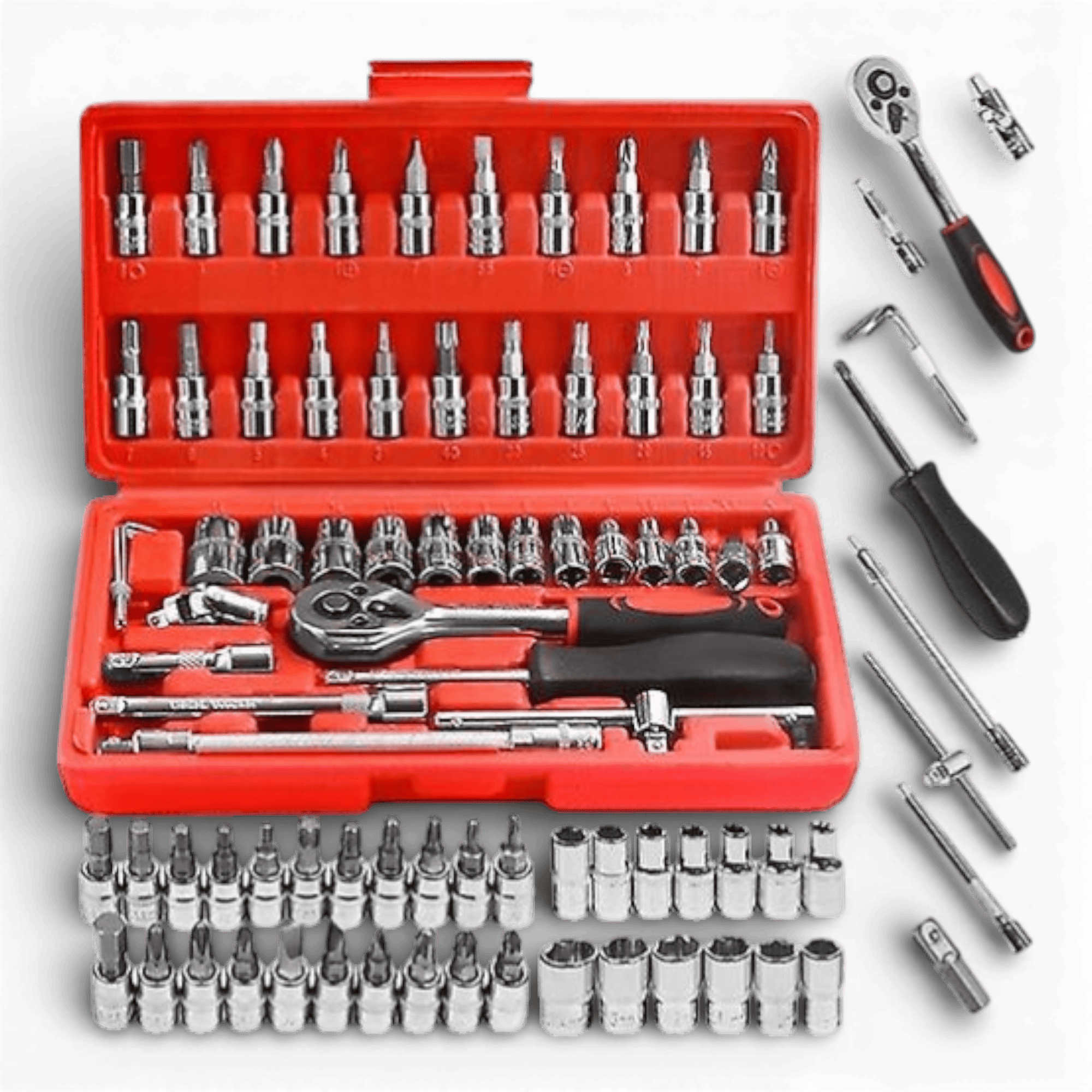 Set de chei cu clichet din oțel crom-vanadiu din 46 de piese