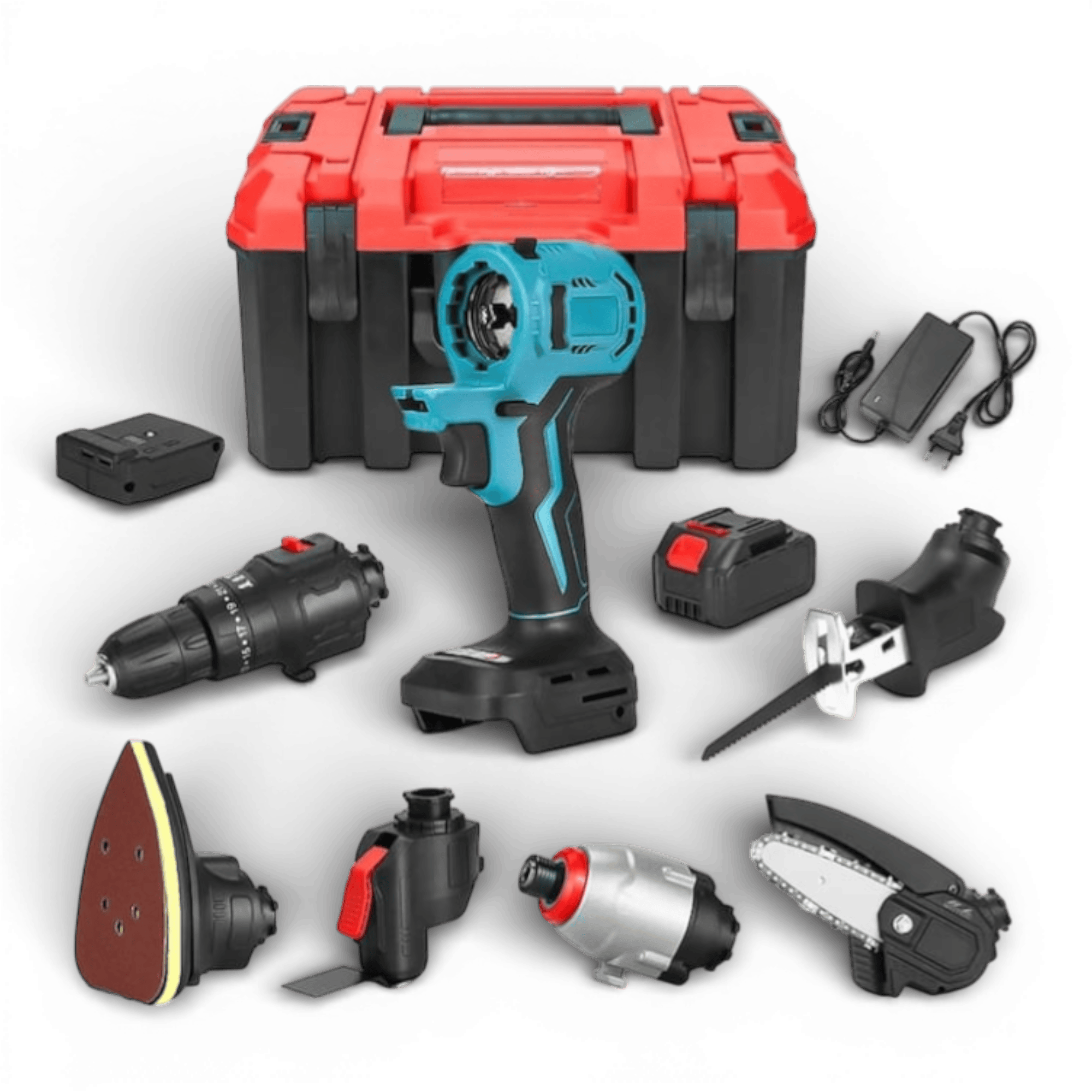 Bormasina fara fir AEIDEN ®, drujba cu lant interschimbabil, fierastrau sabie, surubelnita, cap de slefuire, lopata, cap multifunctional cu adaptor USB, 2 acumulatori 48V si incarcator, trusa multifunctionala