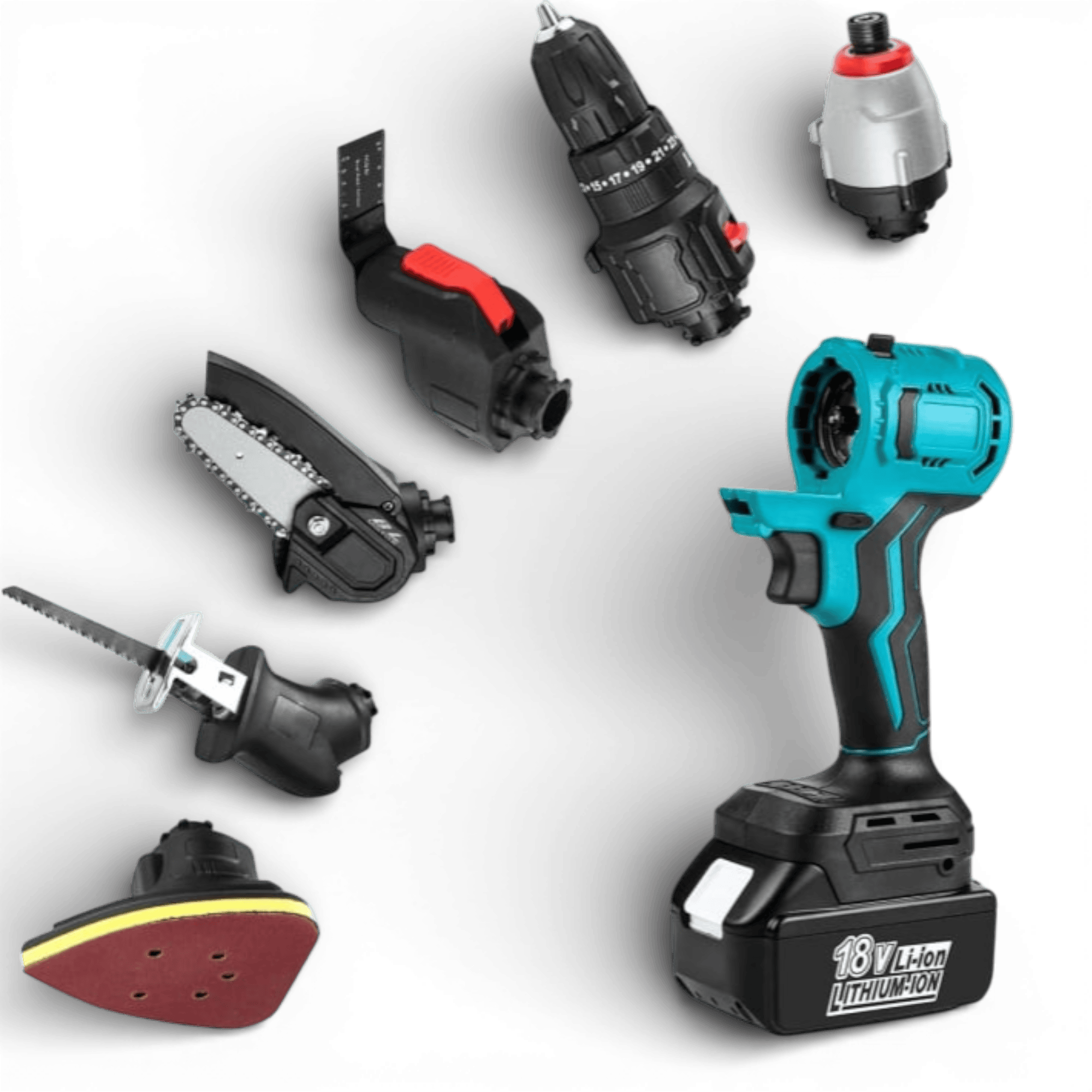 Bormasina fara fir AEIDEN ®, drujba cu lant interschimbabil, fierastrau sabie, surubelnita, cap de slefuire, lopata, cap multifunctional cu adaptor USB, 2 acumulatori 48V si incarcator, trusa multifunctionala